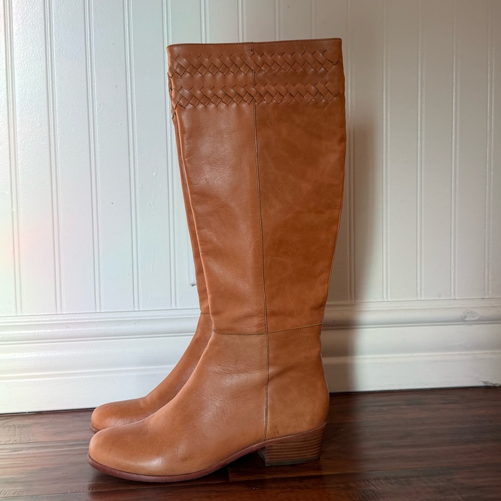 Tall Leather Braided Woven-Trim Riding Boots - Caramel Brown/Tan Women’s Size 38